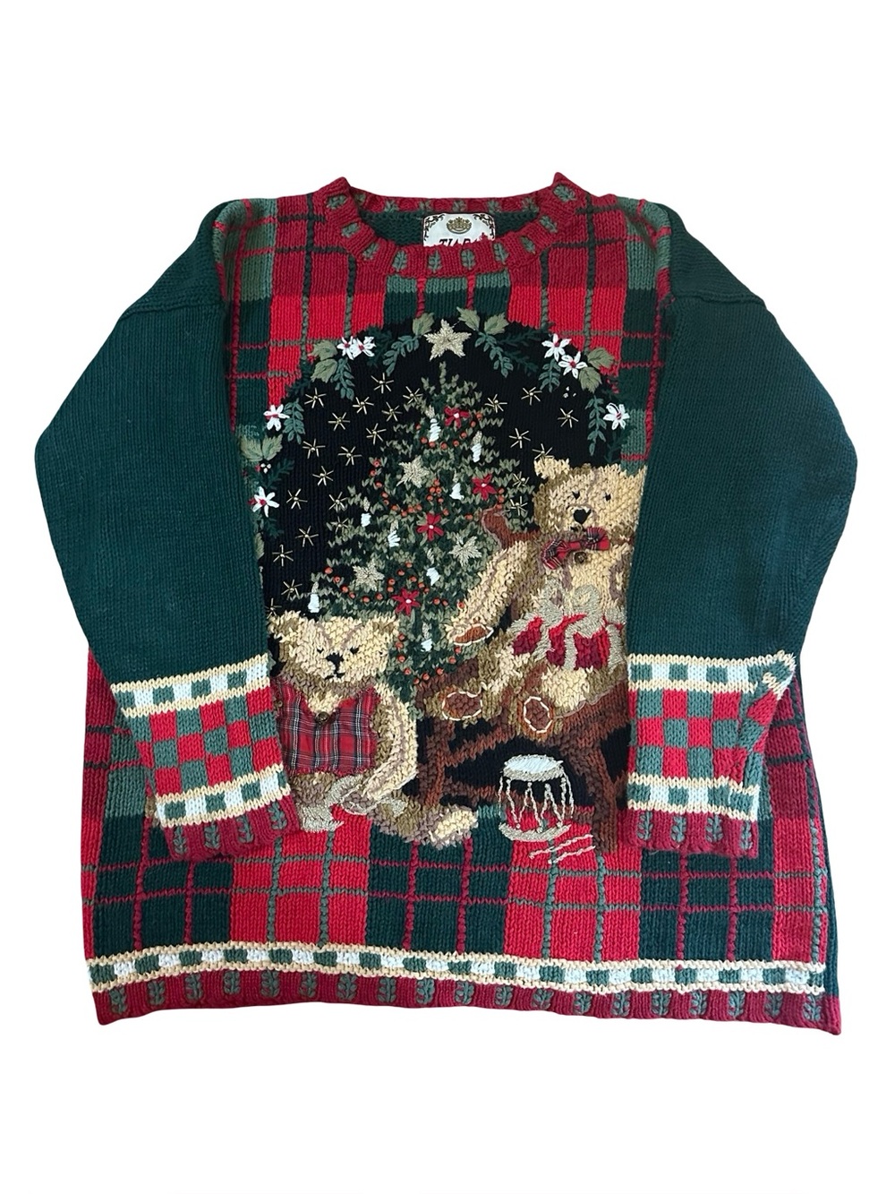 Vtg Tiara Embroidered Christmas Bear Sweater Bells Crewneck Sz M